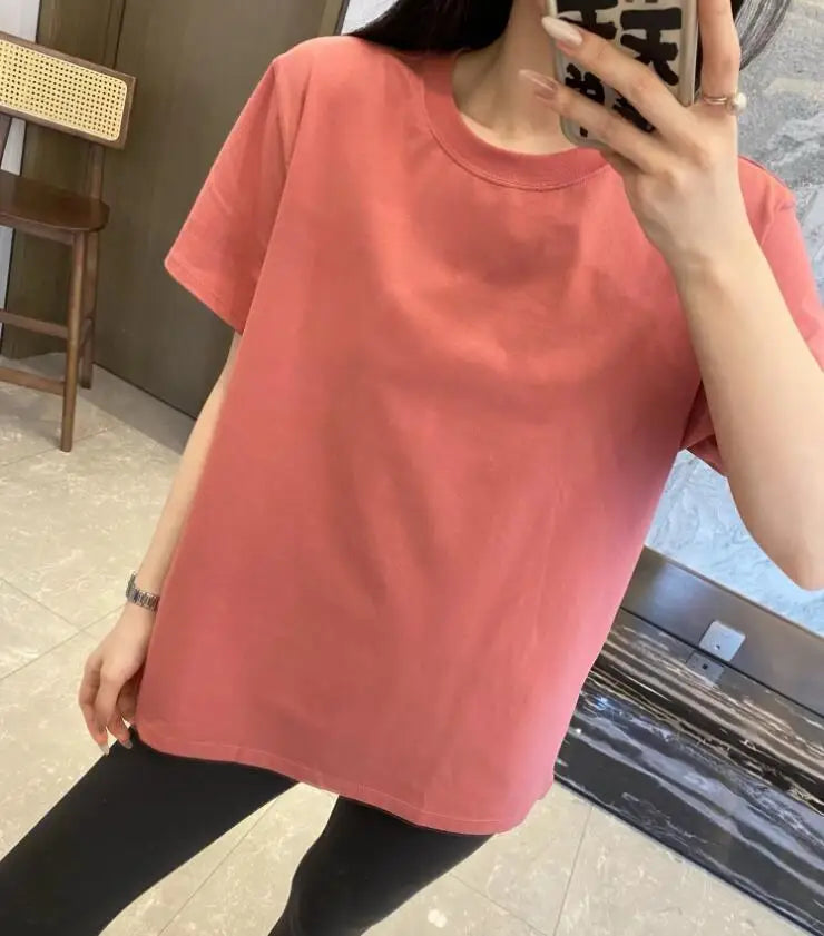 Short sleeved T-shirt Loose shirt solid color top for women O- Neck T-shirt