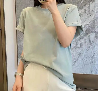Short sleeved T-shirt Loose shirt solid color top for women O- Neck T-shirt
