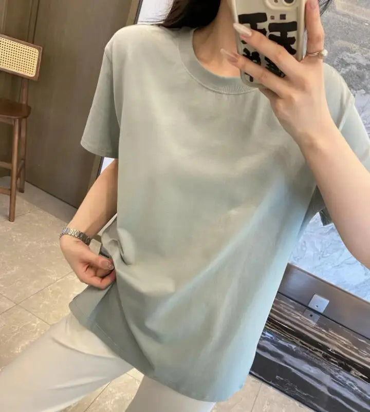Short sleeved T-shirt Loose shirt solid color top for women O- Neck T-shirt