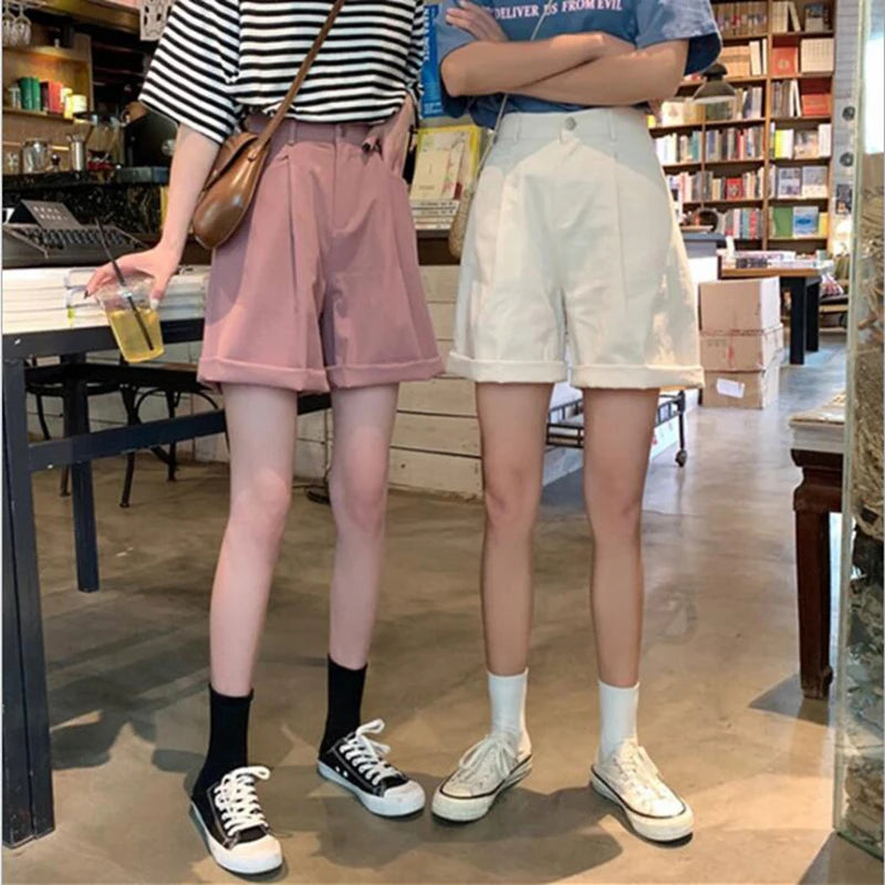Shorts Women Solid High Waist Wide Leg Trendy Harajuku Clothes Summer Elastic Girl Simple Bestie Student Girl Shorts Elegant