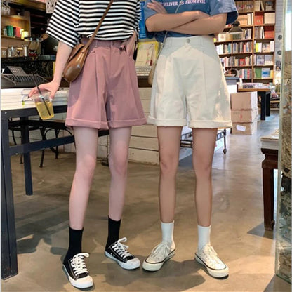 Shorts Women Solid High Waist Wide Leg Trendy Harajuku Clothes Summer Elastic Girl Simple Bestie Student Girl Shorts Elegant