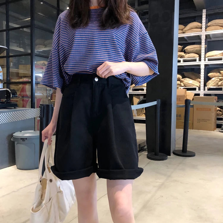 Shorts Women Solid High Waist Wide Leg Trendy Harajuku Clothes Summer Elastic Girl Simple Bestie Student Girl Shorts Elegant