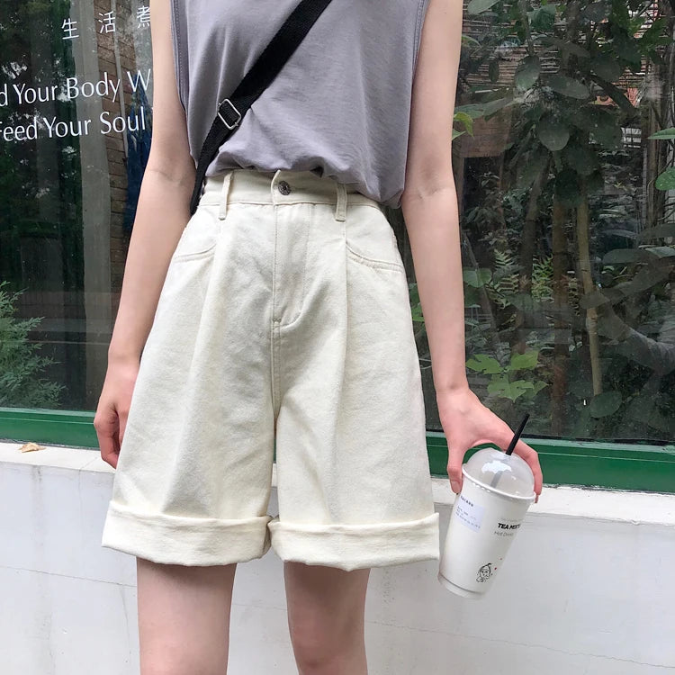 Shorts Women Solid High Waist Wide Leg Trendy Harajuku Clothes Summer Elastic Girl Simple Bestie Student Girl Shorts Elegant