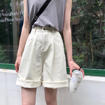 Shorts Women Solid High Waist Wide Leg Trendy Harajuku Clothes Summer Elastic Girl Simple Bestie Student Girl Shorts Elegant