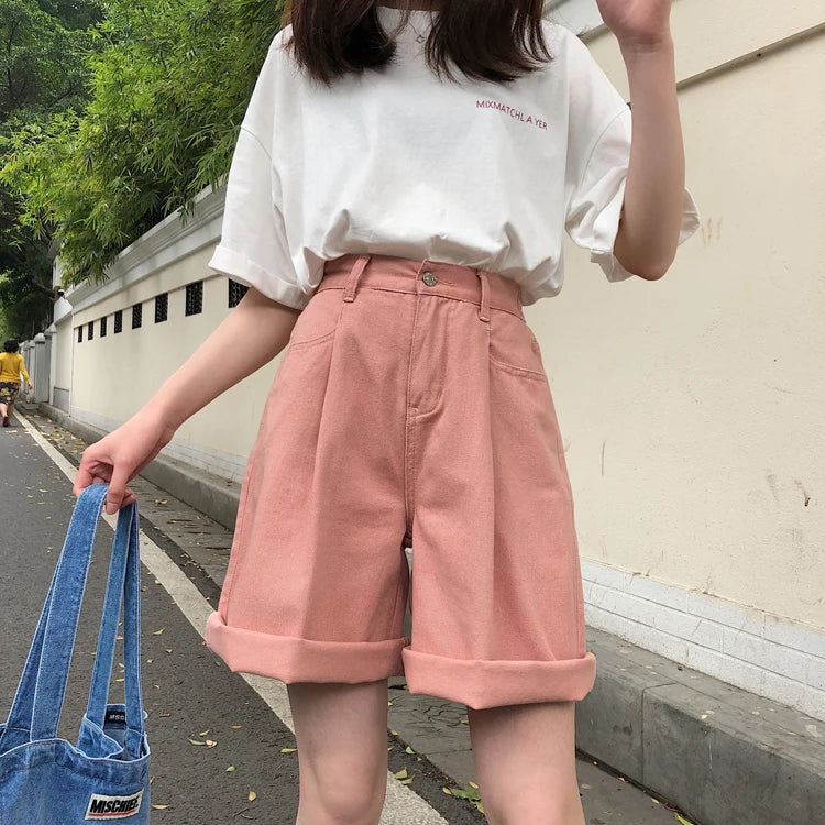 Shorts Women Solid High Waist Wide Leg Trendy Harajuku Clothes Summer Elastic Girl Simple Bestie Student Girl Shorts Elegant