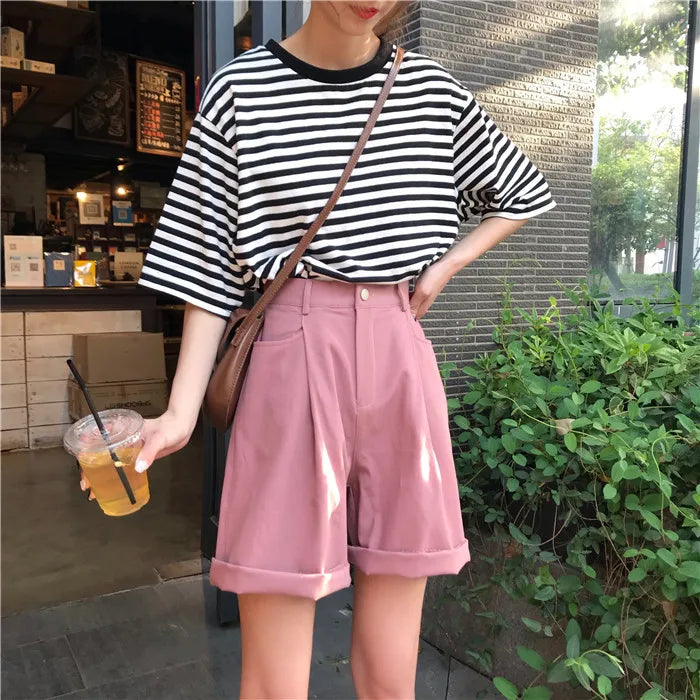 Shorts Women Solid High Waist Wide Leg Trendy Harajuku Clothes Summer Elastic Girl Simple Bestie Student Girl Shorts Elegant