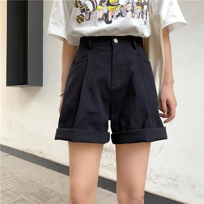 Shorts Women Solid High Waist Wide Leg Trendy Harajuku Clothes Summer Elastic Girl Simple Bestie Student Girl Shorts Elegant