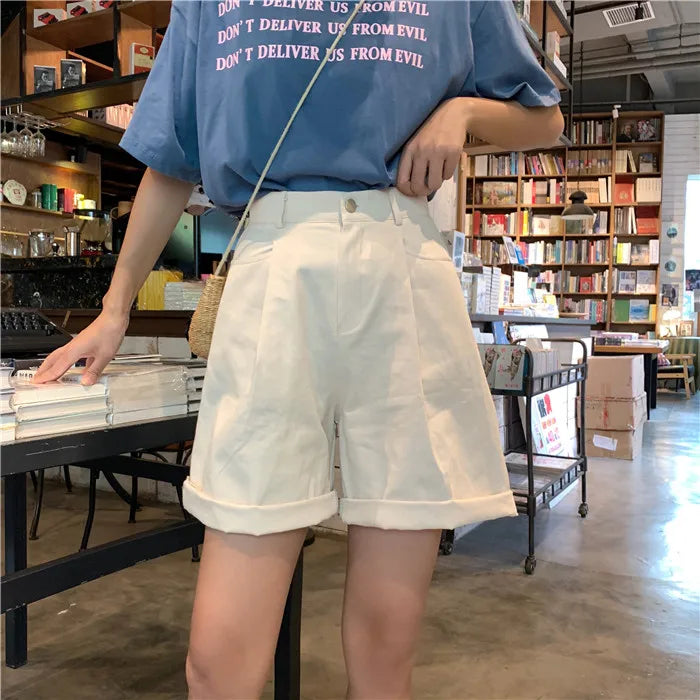 Shorts Women Solid High Waist Wide Leg Trendy Harajuku Clothes Summer Elastic Girl Simple Bestie Student Girl Shorts Elegant