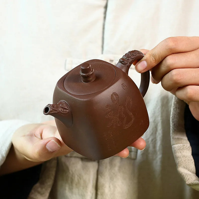 Shuanglong-Han Duo Kettle, Carved in Purple Clay Zisha Teapot, Handmade Pot, Kung-Fu Teaware, Purple Clay Drinkware for Puer