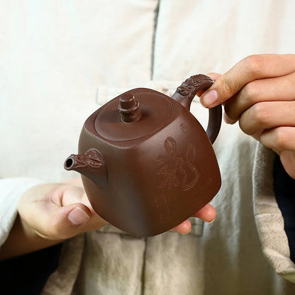 Shuanglong-Han Duo Kettle, Carved in Purple Clay Zisha Teapot, Handmade Pot, Kung-Fu Teaware, Purple Clay Drinkware for Puer