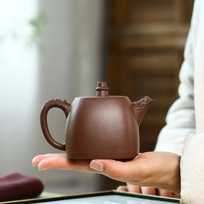 Shuanglong-Han Duo Kettle, Carved in Purple Clay Zisha Teapot, Handmade Pot, Kung-Fu Teaware, Purple Clay Drinkware for Puer
