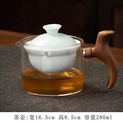 Side handle glass teapot, comfortable bubble rotating teapot, household portable travel tea set, internet red anti scald teapot