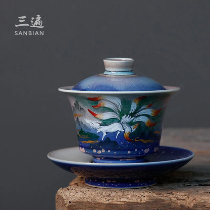 Silver Color Hand Painted Shanhai Sutra Cover Teacup Jingdezhen Firewood Burning Kung Fu Tea Set Tea Making Device Nine Tail F