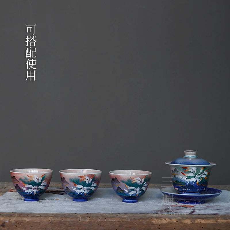 Silver Color Hand Painted Shanhai Sutra Cover Teacup Jingdezhen Firewood Burning Kung Fu Tea Set Tea Making Device Nine Tail F