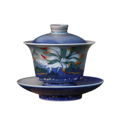 Silver Color Hand Painted Shanhai Sutra Cover Teacup Jingdezhen Firewood Burning Kung Fu Tea Set Tea Making Device Nine Tail F
