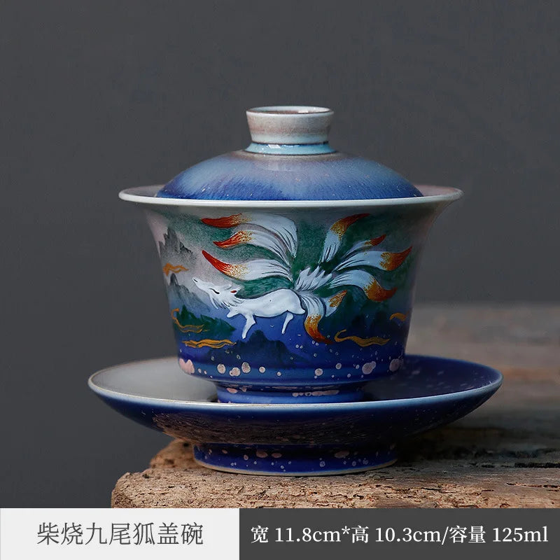 Silver Color Hand Painted Shanhai Sutra Cover Teacup Jingdezhen Firewood Burning Kung Fu Tea Set Tea Making Device Nine Tail F