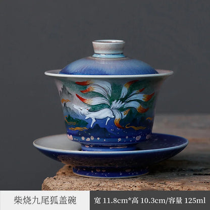 Silver Color Hand Painted Shanhai Sutra Cover Teacup Jingdezhen Firewood Burning Kung Fu Tea Set Tea Making Device Nine Tail F