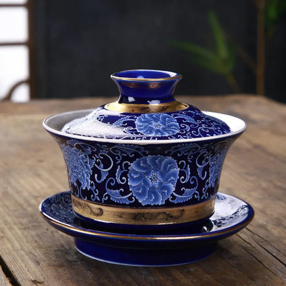 Silver Gaiwan porcelain cup bowl set hand made peony flower lotus ceramic tureen Chinese kungfu tea set gaiwan cup saucer lid