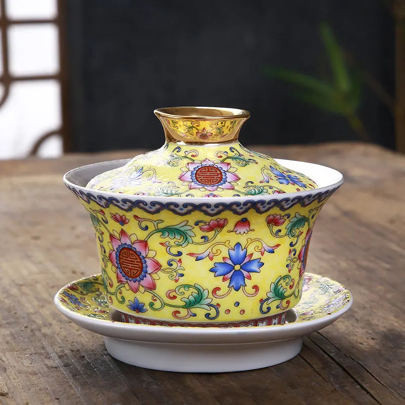Silver Gaiwan porcelain cup bowl set hand made peony flower lotus ceramic tureen Chinese kungfu tea set gaiwan cup saucer lid