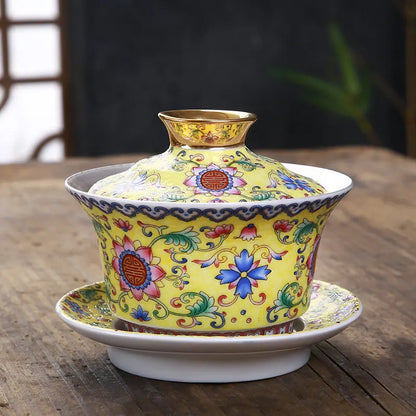 Silver Gaiwan porcelain cup bowl set hand made peony flower lotus ceramic tureen Chinese kungfu tea set gaiwan cup saucer lid