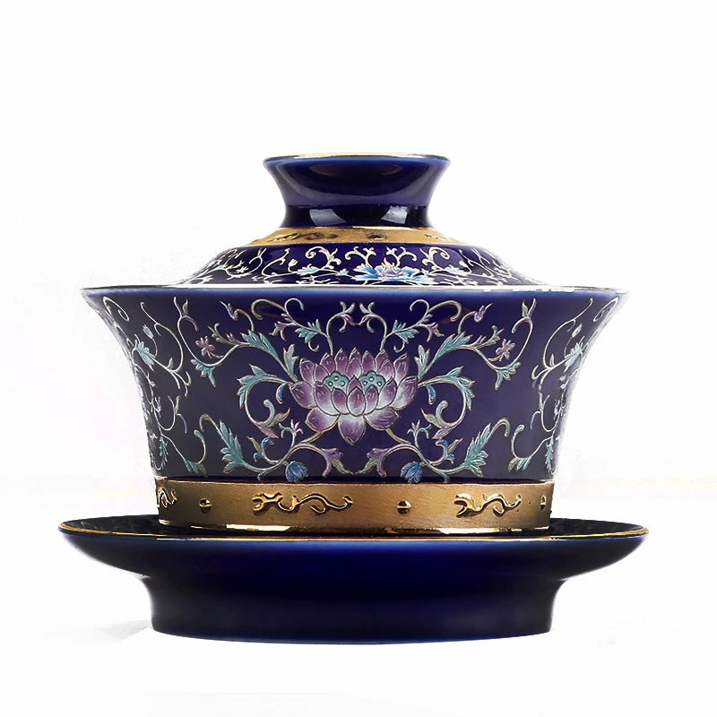 Silver Gaiwan porcelain cup bowl set hand made peony flower lotus ceramic tureen Chinese kungfu tea set gaiwan cup saucer lid
