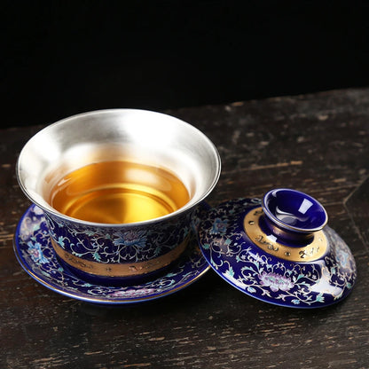 Silver Gaiwan porcelain cup bowl set hand made peony flower lotus ceramic tureen Chinese kungfu tea set gaiwan cup saucer lid