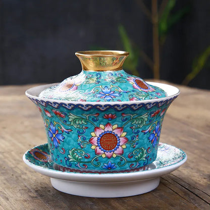 Silver Gaiwan porcelain cup bowl set hand made peony flower lotus ceramic tureen Chinese kungfu tea set gaiwan cup saucer lid