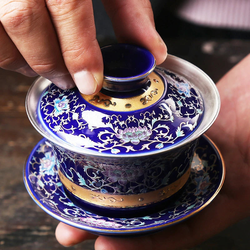 Silver Gaiwan porcelain cup bowl set hand made peony flower lotus ceramic tureen Chinese kungfu tea set gaiwan cup saucer lid