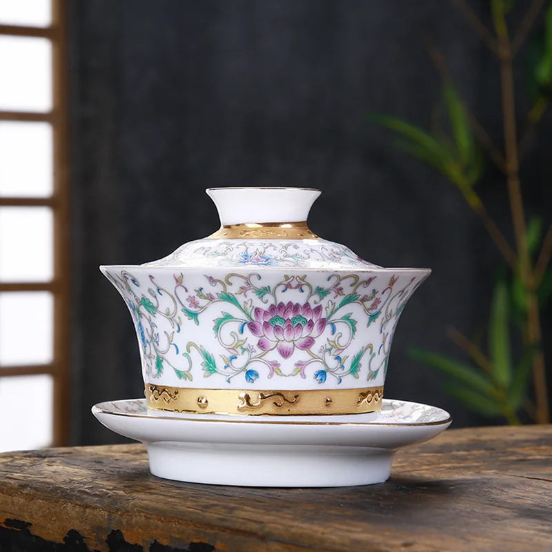 Silver Gaiwan porcelain cup bowl set hand made peony flower lotus ceramic tureen Chinese kungfu tea set gaiwan cup saucer lid