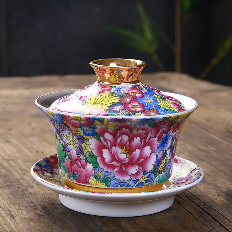 Silver Gaiwan porcelain cup bowl set hand made peony flower lotus ceramic tureen Chinese kungfu tea set gaiwan cup saucer lid