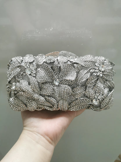 Silver Gold Pink Blue Flower Woman Evening Diamond Bag Ladies Floral Rhinestone Party Bridal Clutch Handbags Wallets Female Gift