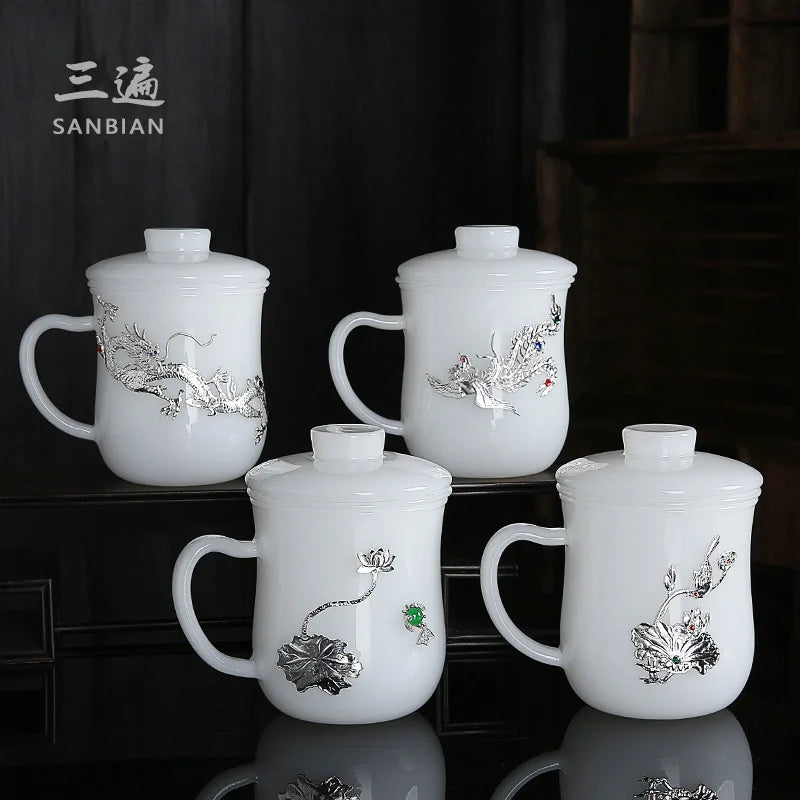 Silver Plated Cup White Porcelain Jade Porcelain Mug Couple Drinking Cups Household Glass Master Cup Personal Cup Men's and Wo