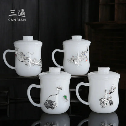 Silver Plated Cup White Porcelain Jade Porcelain Mug Couple Drinking Cups Household Glass Master Cup Personal Cup Men's and Wo