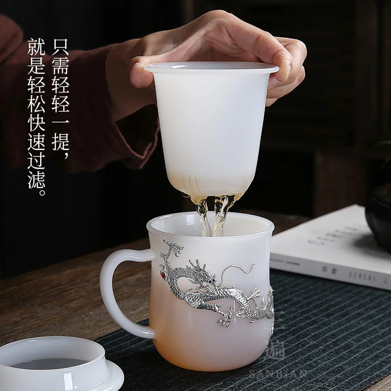 Silver Plated Cup White Porcelain Jade Porcelain Mug Couple Drinking Cups Household Glass Master Cup Personal Cup Men's and Wo