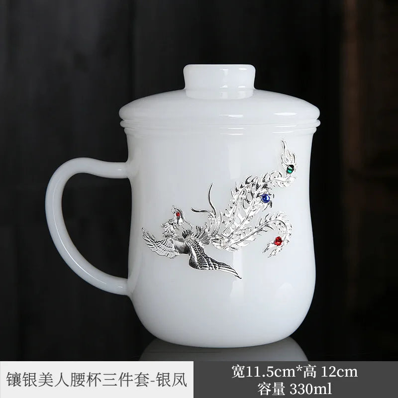 Silver Plated Cup White Porcelain Jade Porcelain Mug Couple Drinking Cups Household Glass Master Cup Personal Cup Men's and Wo