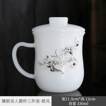 Silver Plated Cup White Porcelain Jade Porcelain Mug Couple Drinking Cups Household Glass Master Cup Personal Cup Men's and Wo