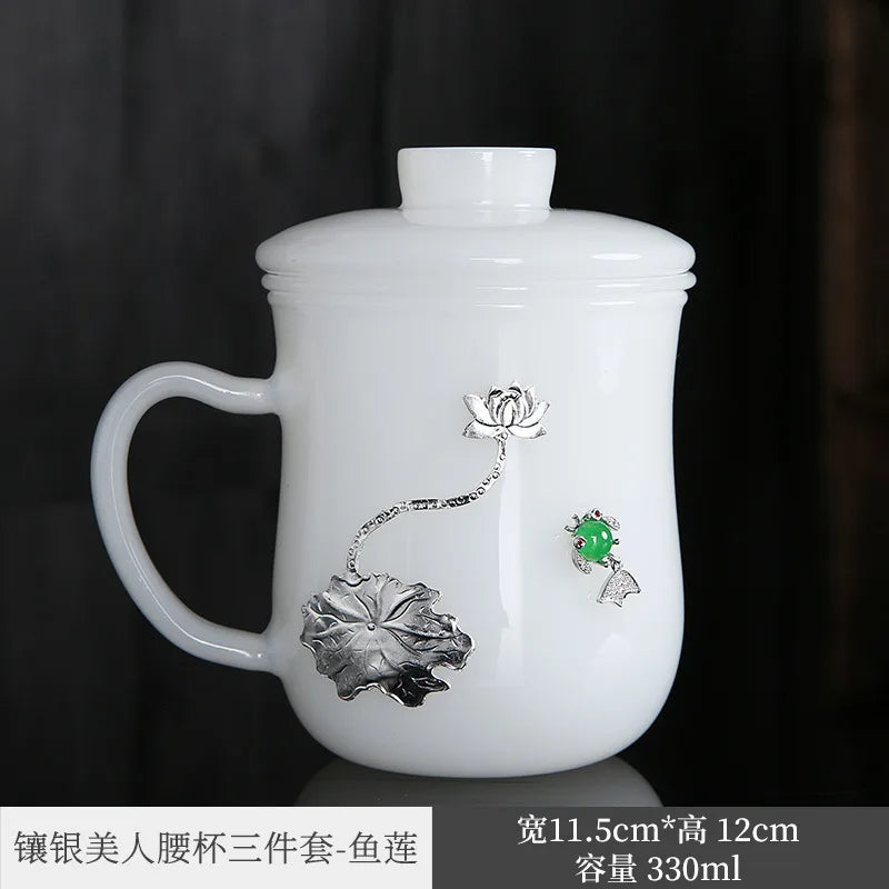 Silver Plated Cup White Porcelain Jade Porcelain Mug Couple Drinking Cups Household Glass Master Cup Personal Cup Men's and Wo