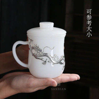Silver Plated Cup White Porcelain Jade Porcelain Mug Couple Drinking Cups Household Glass Master Cup Personal Cup Men's and Wo