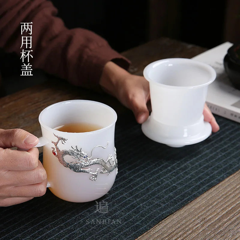 Silver Plated Cup White Porcelain Jade Porcelain Mug Couple Drinking Cups Household Glass Master Cup Personal Cup Men's and Wo