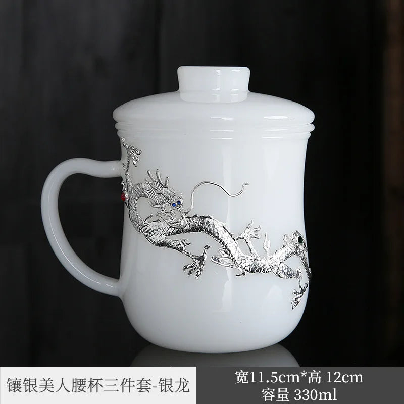 Silver Plated Cup White Porcelain Jade Porcelain Mug Couple Drinking Cups Household Glass Master Cup Personal Cup Men's and Wo