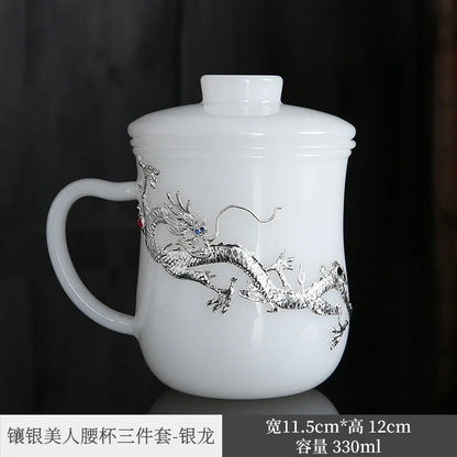 Silver Plated Cup White Porcelain Jade Porcelain Mug Couple Drinking Cups Household Glass Master Cup Personal Cup Men's and Wo