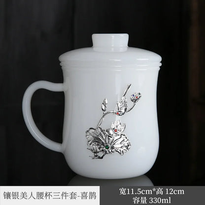 Silver Plated Cup White Porcelain Jade Porcelain Mug Couple Drinking Cups Household Glass Master Cup Personal Cup Men's and Wo