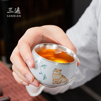 Silver Ru Kiln Kung Fu Tea Set Tea Cup Master Cup Silver Gilded Single Cup Female Tea Cup Single RU-Porcelain Tea Bowl Ceramic