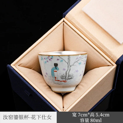 Silver Ru Kiln Kung Fu Tea Set Tea Cup Master Cup Silver Gilded Single Cup Female Tea Cup Single RU-Porcelain Tea Bowl Ceramic
