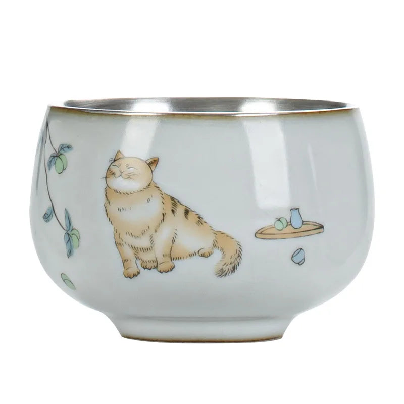 Silver Ru Kiln Kung Fu Tea Set Tea Cup Master Cup Silver Gilded Single Cup Female Tea Cup Single RU-Porcelain Tea Bowl Ceramic