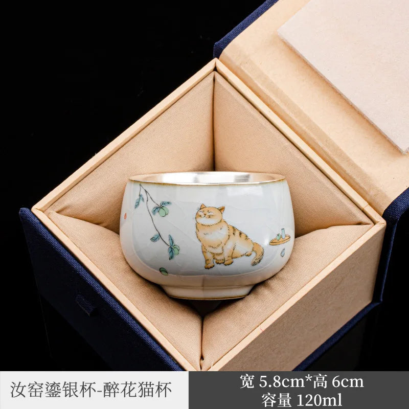 Silver Ru Kiln Kung Fu Tea Set Tea Cup Master Cup Silver Gilded Single Cup Female Tea Cup Single RU-Porcelain Tea Bowl Ceramic