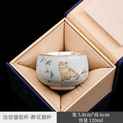 Silver Ru Kiln Kung Fu Tea Set Tea Cup Master Cup Silver Gilded Single Cup Female Tea Cup Single RU-Porcelain Tea Bowl Ceramic