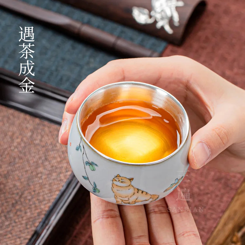 Silver Ru Kiln Kung Fu Tea Set Tea Cup Master Cup Silver Gilded Single Cup Female Tea Cup Single RU-Porcelain Tea Bowl Ceramic
