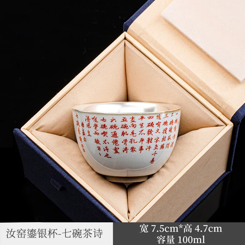 Silver Ru Kiln Kung Fu Tea Set Tea Cup Master Cup Silver Gilded Single Cup Female Tea Cup Single RU-Porcelain Tea Bowl Ceramic