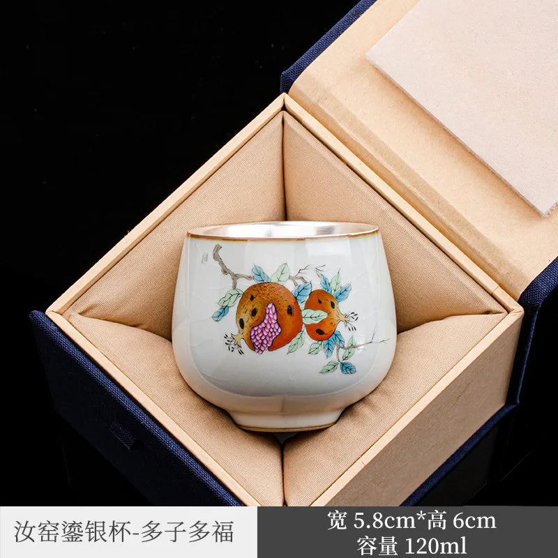 Silver Ru Kiln Kung Fu Tea Set Tea Cup Master Cup Silver Gilded Single Cup Female Tea Cup Single RU-Porcelain Tea Bowl Ceramic